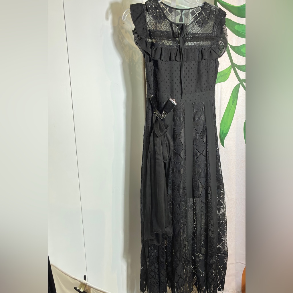 Foxiedox Black Lace Dress Wih Ruffle & Lace Overlay And Velvet Rhinestones Pin